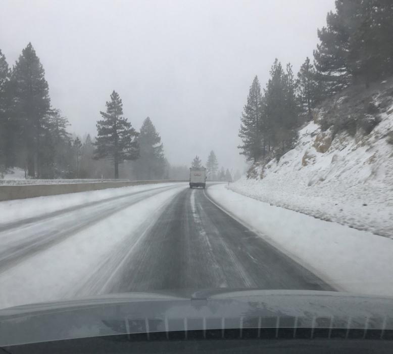 Snow showers along Highway 50 Spooner this morning. Photo by Tahoe Douglas Fire