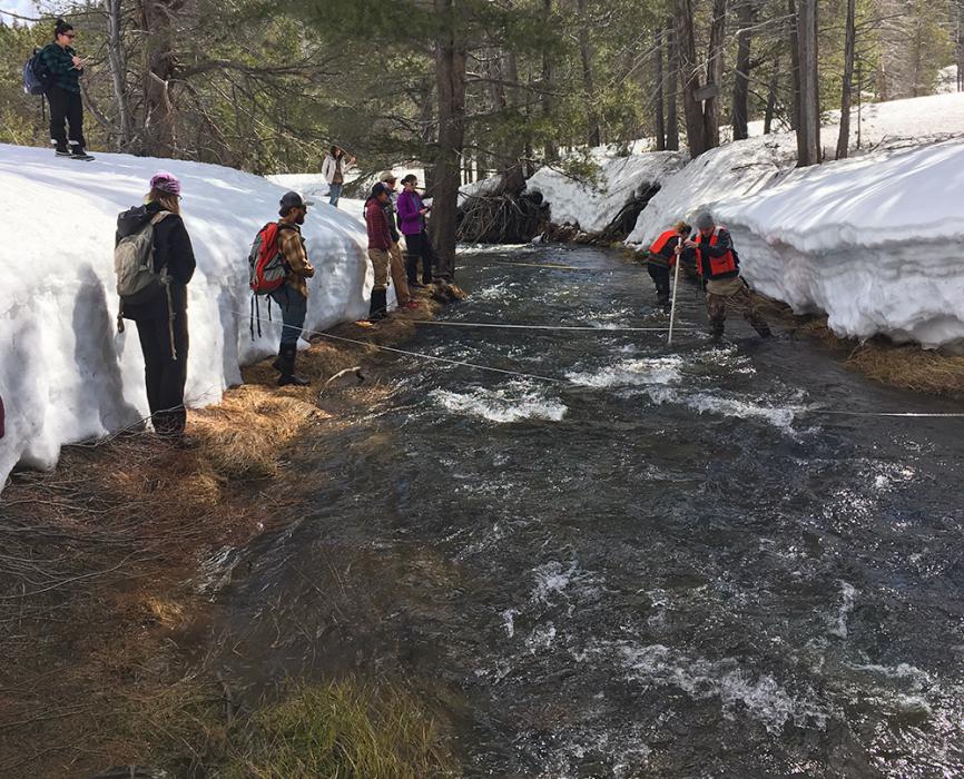 Assistant Professor Adrian Harpold's Small Watershed Hydrology class from UNR measures stream discharge.