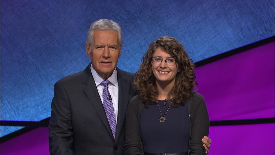 Alex Trebek, left, with Rachel Lindgren, 26