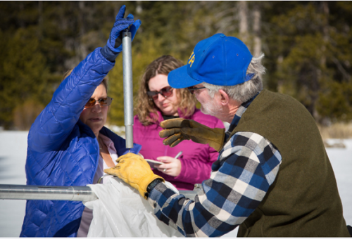 Frank Gehrke measures the snowpack on Feb. 1. Photo by Dale Kolke / California Department of Water Resources.