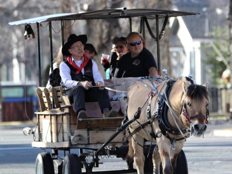 Photo by Brett Fisher. A horse-drawn taxi transports Wine Walk participants to downtown Carson City venues Saturday.