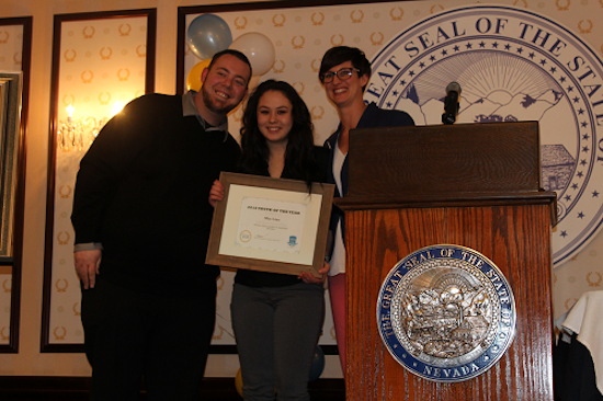 Mia Liao, center, with Matt Sampson, operations director, left, and Katie Leao, executive director, right.