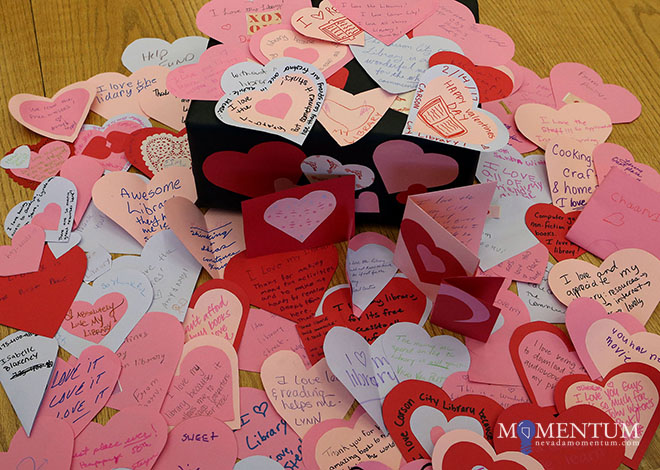 Staff invites citizens to create Valentines about what they love about the library. Cathleen Allison, Nevada Momentum