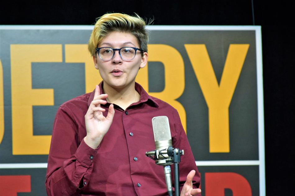 Photos by Guy Clifton/Travel Nevada. YHS senior Grey Hunt recites a poem at the 2018 Nevada Poetry Out Loud State Finals.
