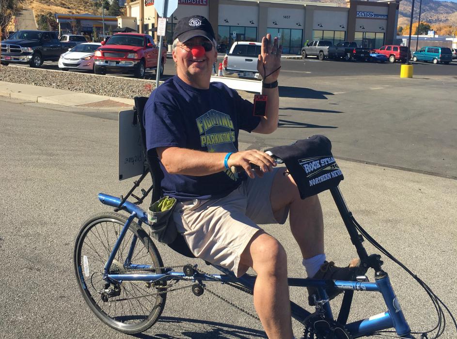 Brian Reedy on his recumbent bicycle.