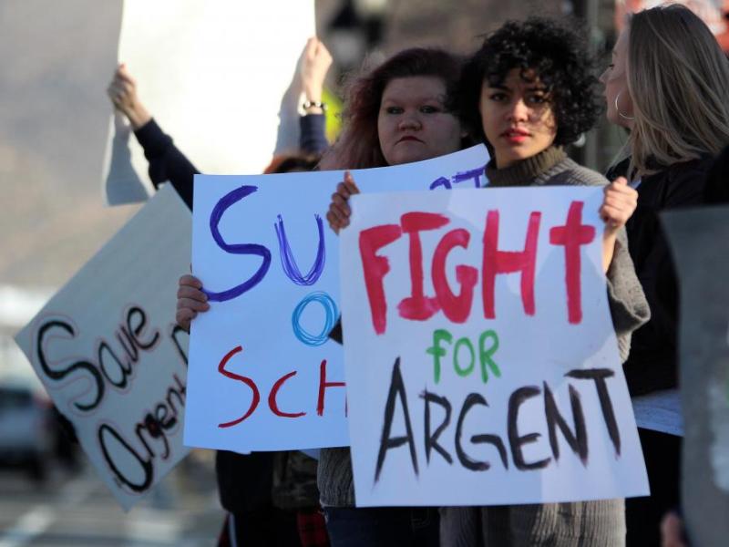 Photos by Brett Fisher. Students and parents protest outside the Nevada Legislature Friday morning.