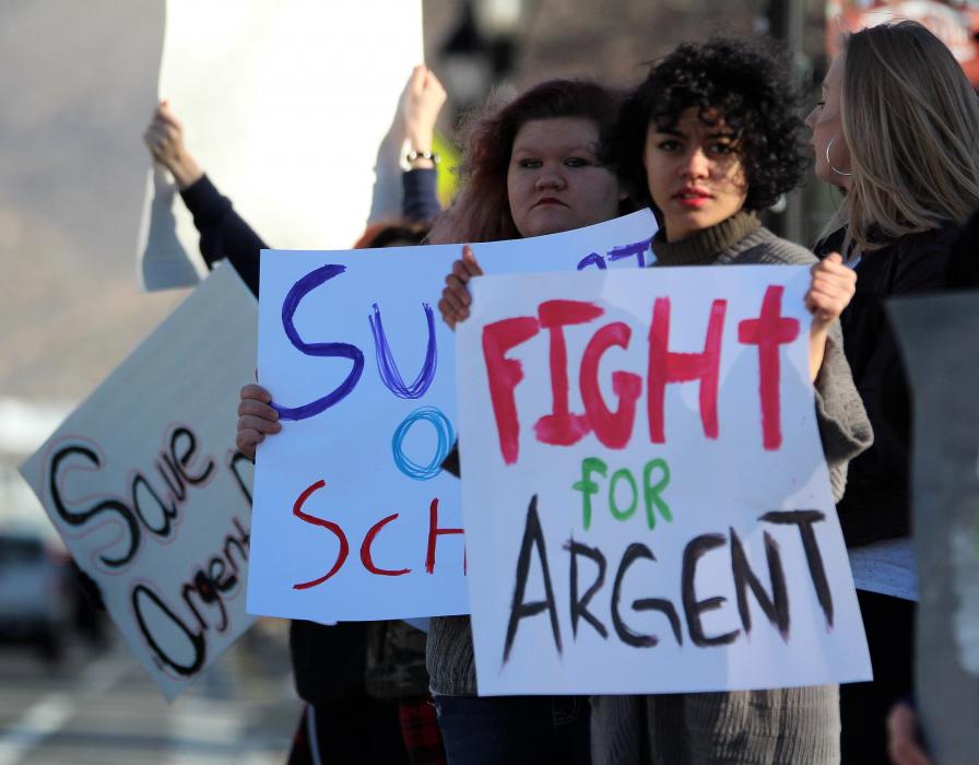 Photos by Brett Fisher. Students and parents protest outside the Nevada Legislature Friday morning.