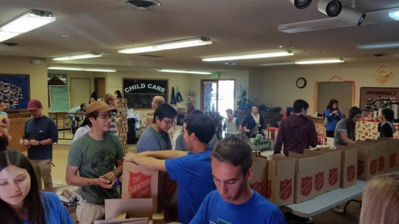 Volunteers at the Carson City office pack holiday food boxes to give to those in need. Salvation Army photo