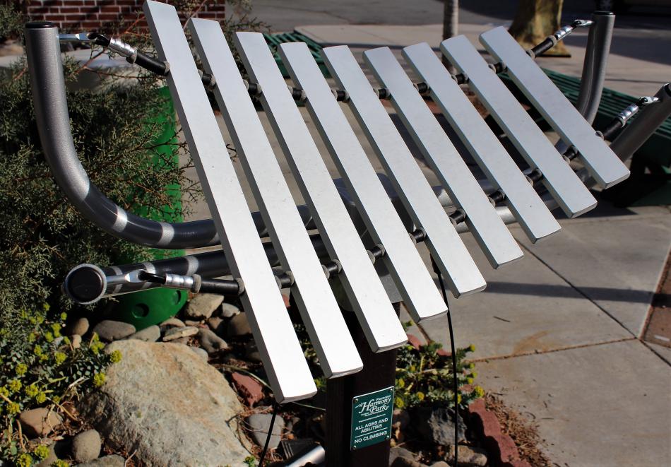 Photos by Brett Fisher. Xylophone sculpture in Harmony Sculpture Park at the BAC.