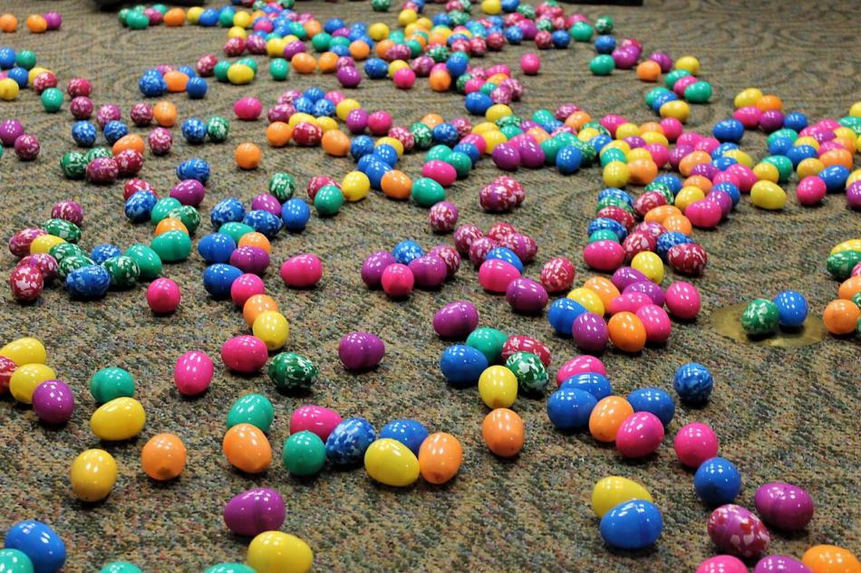 Scattered Easter eggs inside Carson Tahoe Hospital.