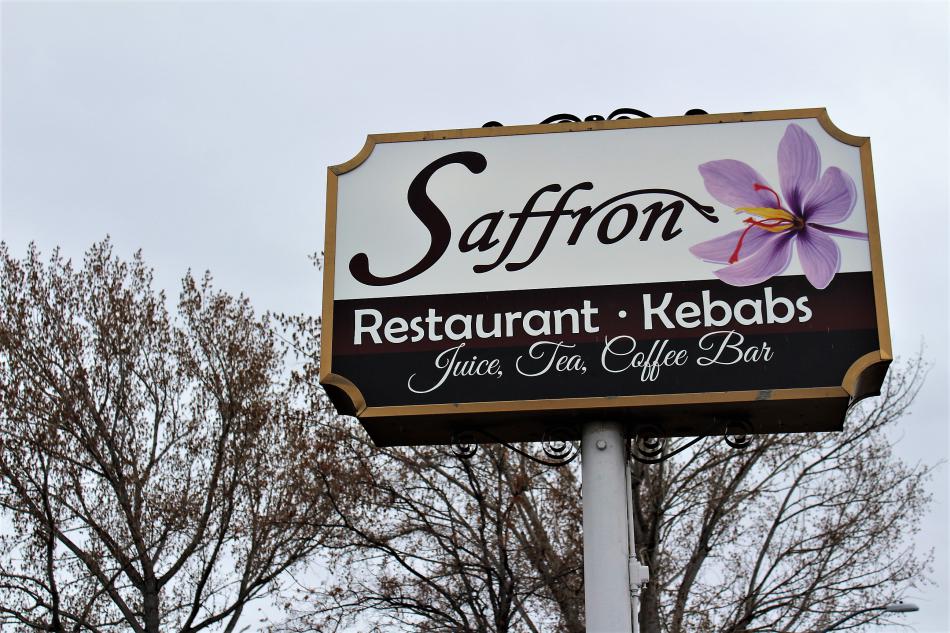 Saffron Restaurant street sign.