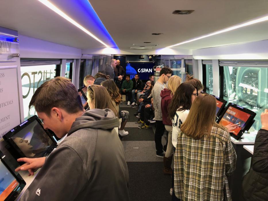 Carson High School students visit the C-SPAN bus on Thursday morning.