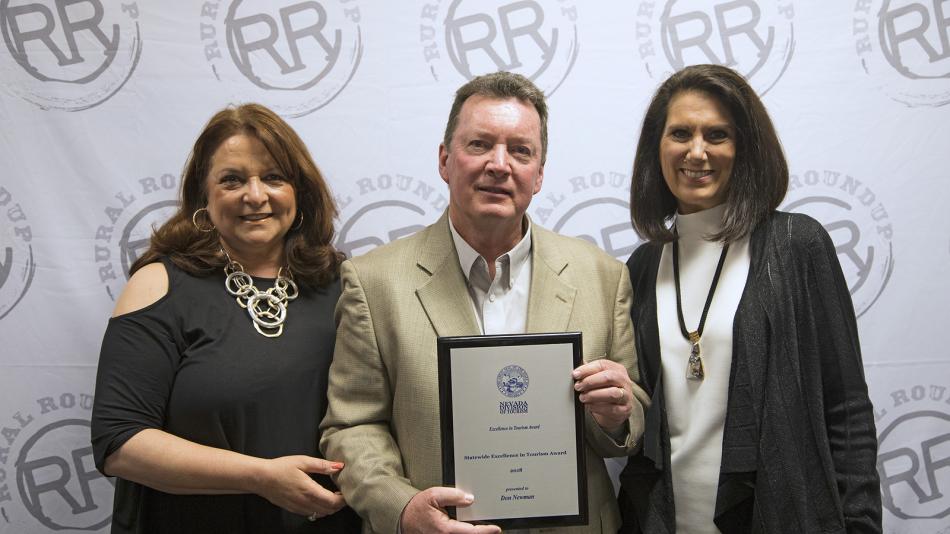 Teri Laursen, TravelNevada director of sales; Don Newman, recipient of the Statewide Excellence in Tourism & NCT's Cindy Carano