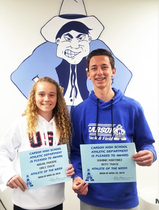 CHS Athletes of the Week Abigail Pradere, Girls Varsity Track, and Dominic Martinez, Boys Varsity Track.