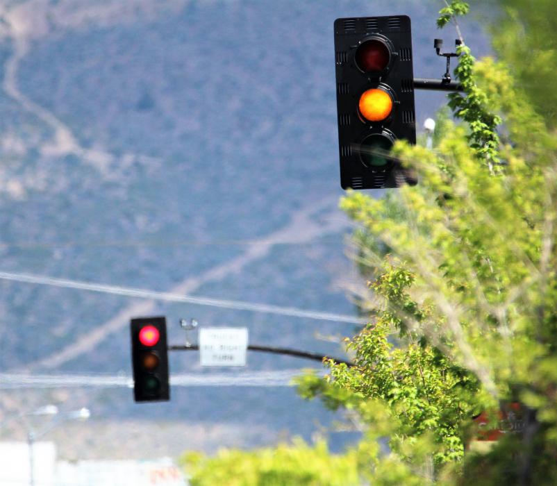 Photo by Brett Fisher. Traffic lights at Robinson and Washington along N. Carson St. work in coordination.