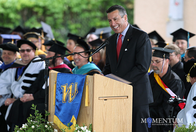 Nevada Gov. Brian Sandoval speaks at the 2018 Western Nevada College Commencement ceremony in Carson City on Monday.