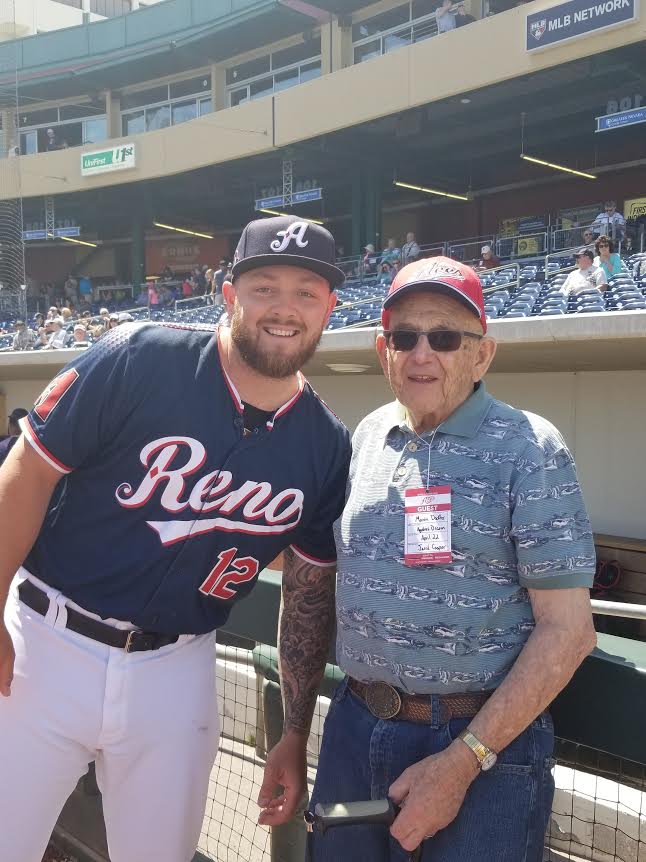 Marvin Dockter meets Reno Aces' Joey Krehbiel before the start of the home game against the Fresno Grizzlies.