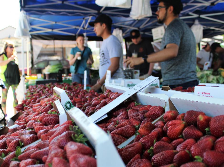 Vats of fresh strawberries for sale at the Third and Curry Farmer's Market.