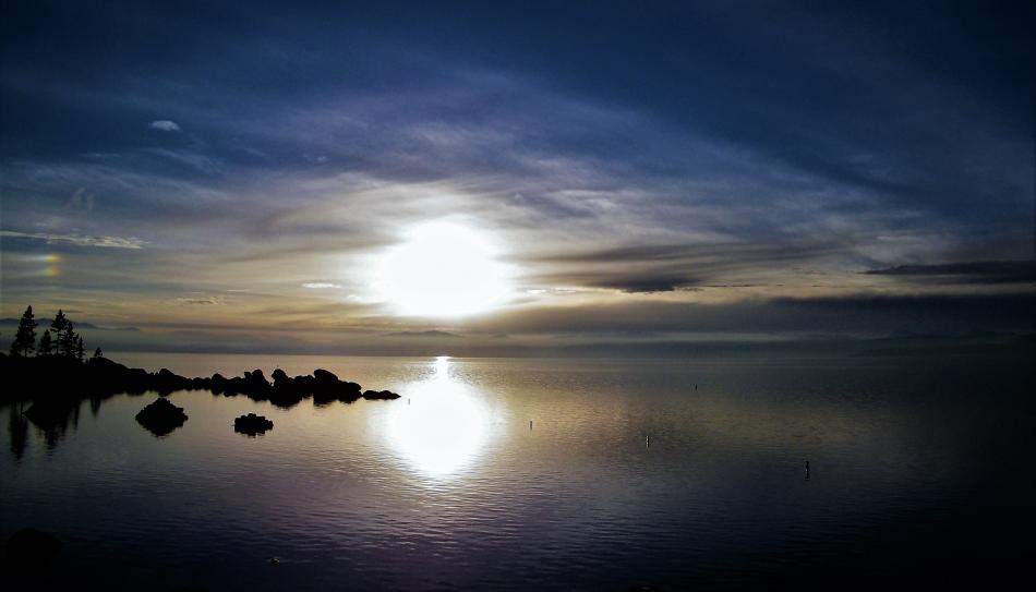 Photos by Brett Fisher. From Sand Harbor, a smokey haze settles over Lake Tahoe's west shore.