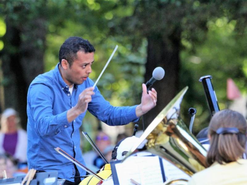 Photos by Brett Fisher. Guest conductor Carlos Rafael directs the Carson City Symphony Sunday night.