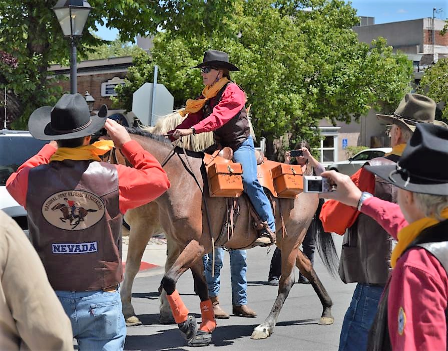Photo by Lisa Fisher. Ann Martins on her Shoshone mustang Rosie at Second and Curry streets.