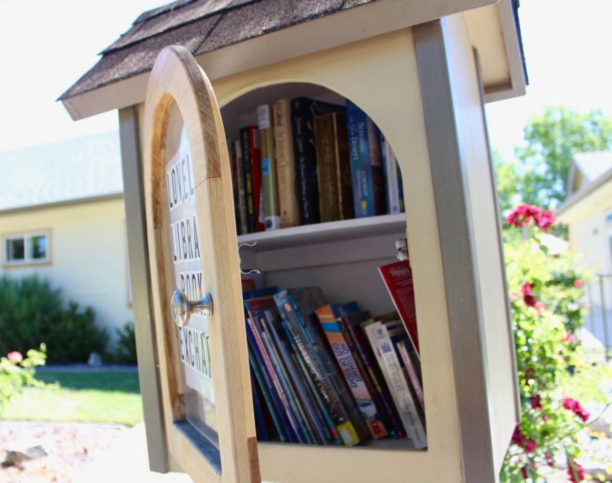 Photo by Brett Fisher. Books inside the Mountain St. book box.