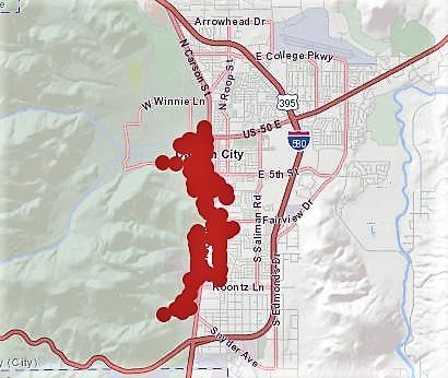 NV Energy outage map showing the cluster of outage points in Carson City.