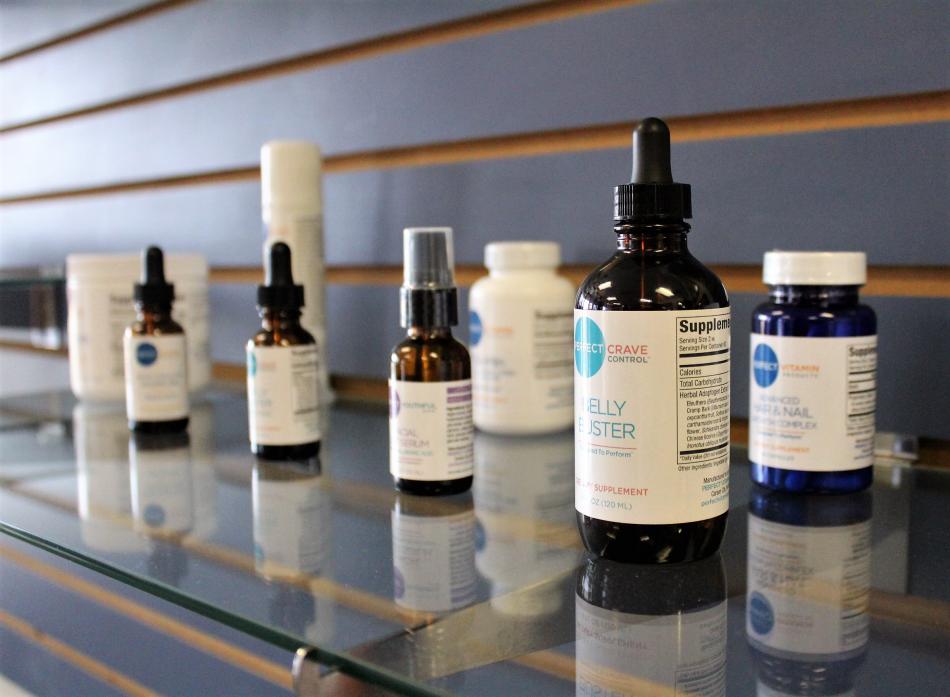Product on the shelf in the lobby.