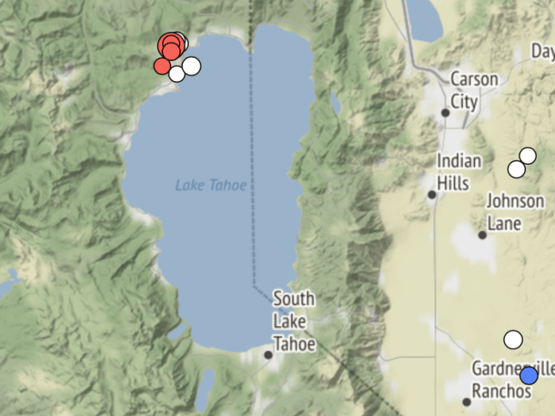 The earthquake activity at Tahoe is shown by the red dots.