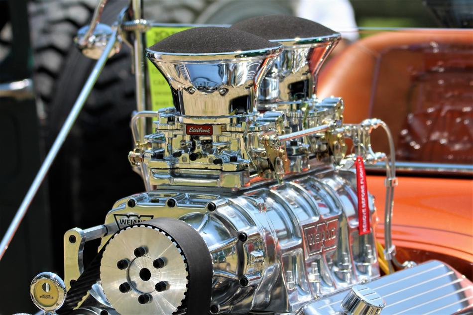 A custom Edelbrock engine block on a T-bucket hot rod.
