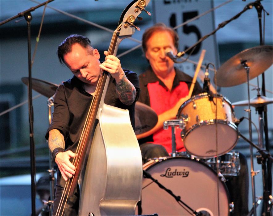 Bass player for the Leapin' Lizards jams during a solo.