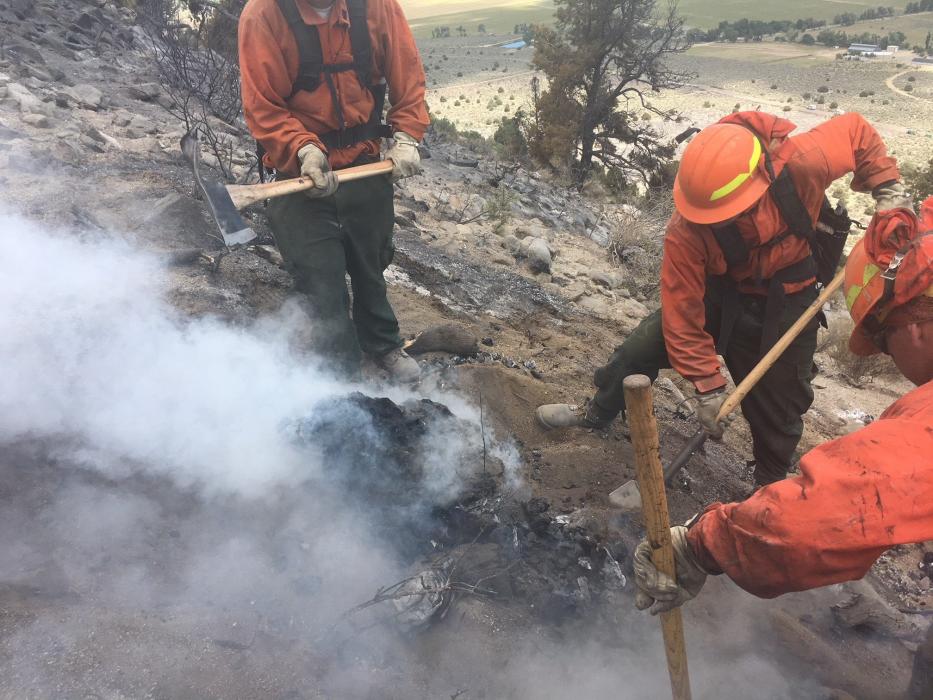 Nevada Division of Forestry firefighters work on a fire earlier this summer.  Fire restrictions on state lands are in effect.
