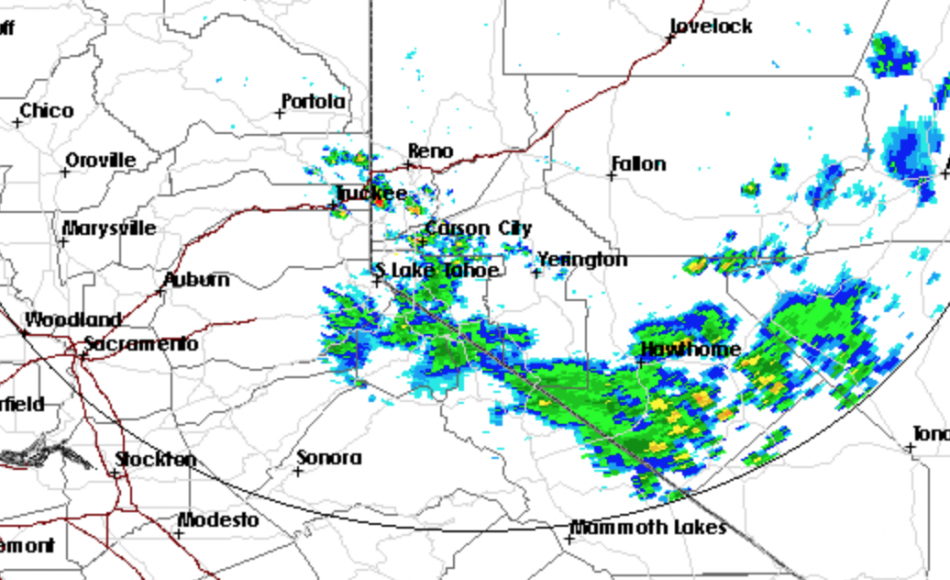 Doppler radar as of around 4:22 p.m. Tuesday shows bands of thunderstorms moving into the Carson City region.