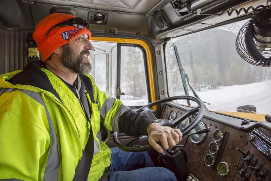 Driving a snowplow for NDOT at Mt. Rose is James Moore. NDOT photo