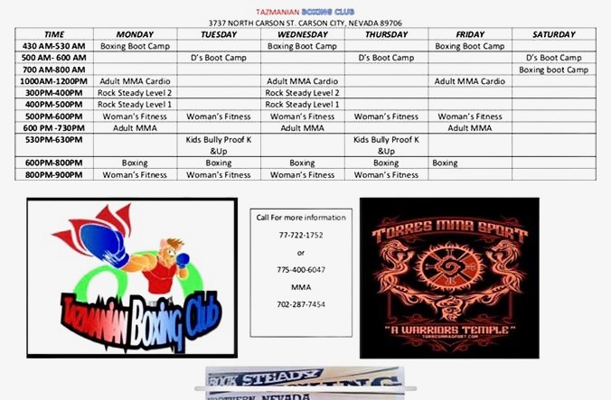 Program schedule for Tazmanian Boxing Club.