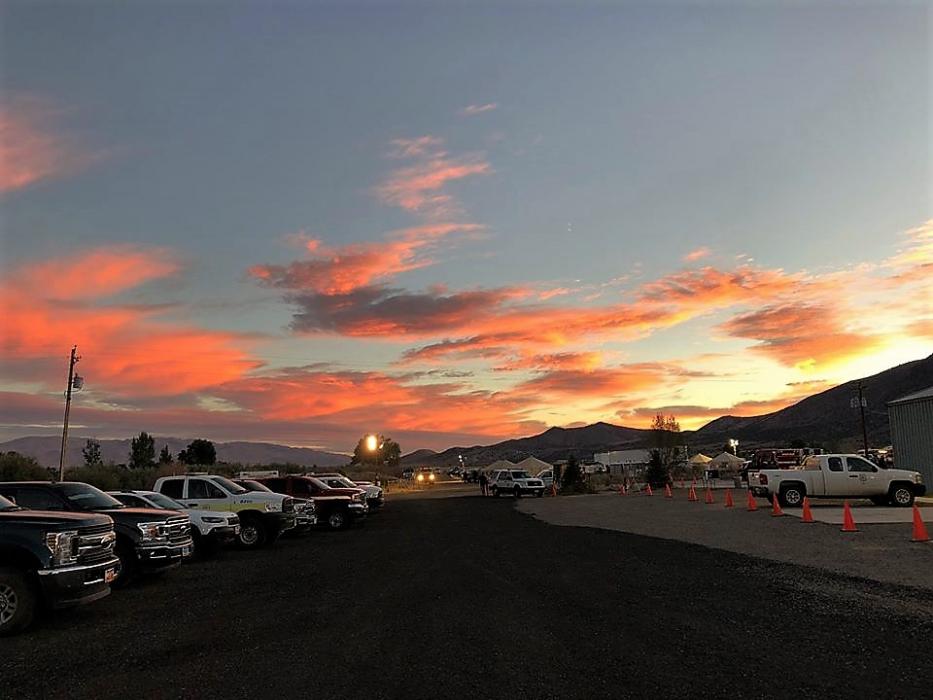 Photo by Robyn Broyles, USFS PIO. Sunrise over Boot Fire Incident Command Post in Walker, CA, on Friday, Sept. 14, 2018.