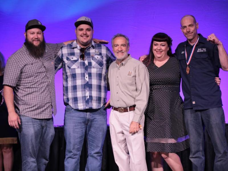 Carson City's Shoe Tree Brewing Co. L to R: Ryan Bauer, Paul Young, Charlie Papazian, GABF founder, Jessica and Jeff Young