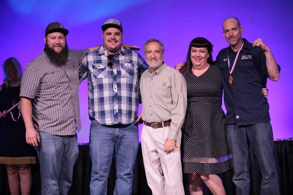 Carson City's Shoe Tree Brewing Co. L to R: Ryan Bauer, Paul Young, Charlie Papazian, GABF founder, Jessica and Jeff Young