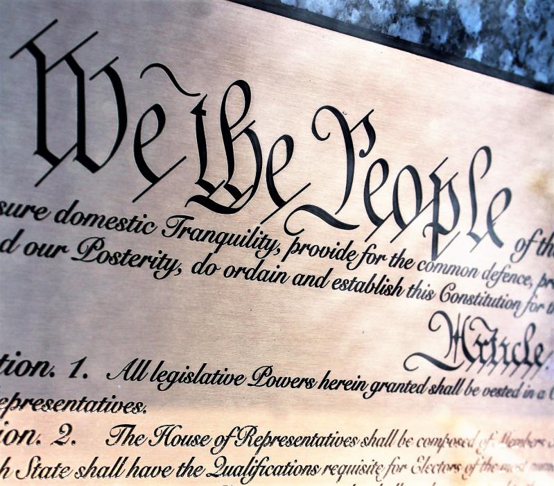 Photo by Brett Fisher. Replica of the U.S. Constitution preamble on the Carson City Courthouse plaza.
