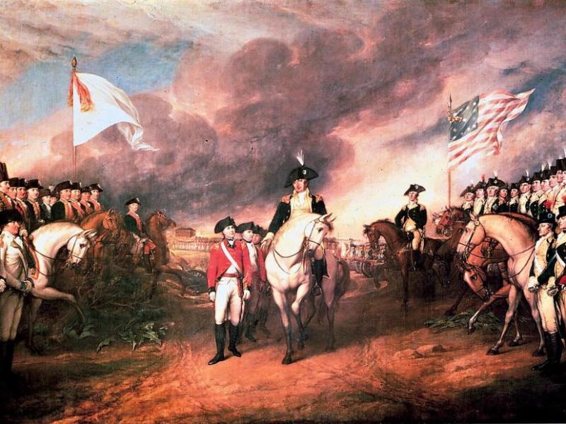 Gen. George Washington (right, rear) accepts the British surrender of Yorktown in this John Trumbull painting.