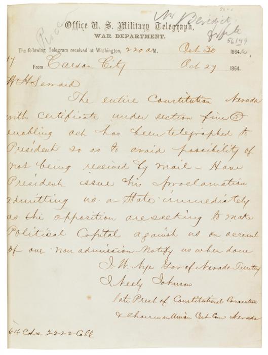 The first page of the Nevada State Constitution, sent over telegraph on October 29, 1864