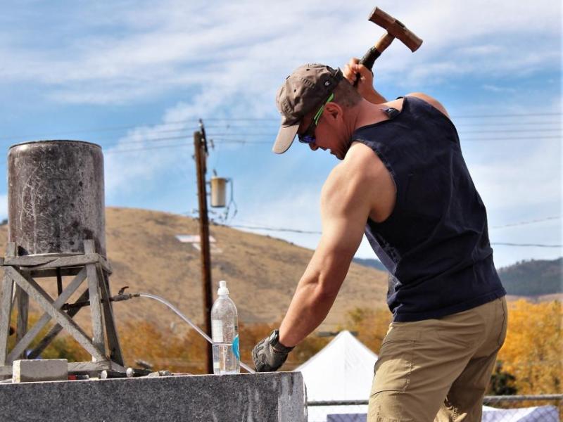 Photos by Brett Fisher. A rock drilling competitor at Saturday's world championship in downtown Carson City.