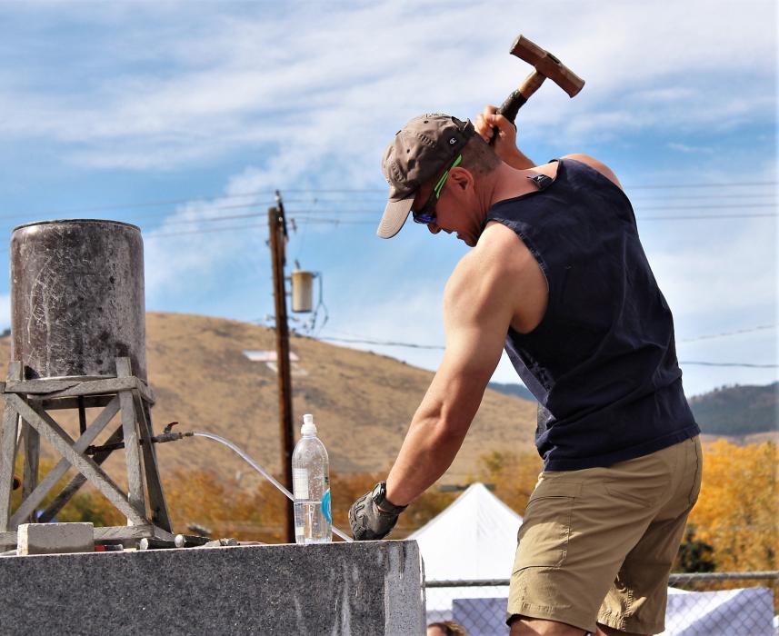 Photos by Brett Fisher. A rock drilling competitor at Saturday's world championship in downtown Carson City.
