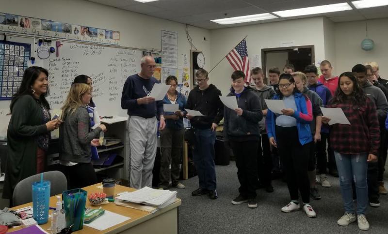 CHS NJROTC cadets singing Wild Blue Yonder after losing a football bet with CHS teacher and Air Force veteran Tod Jennings.j