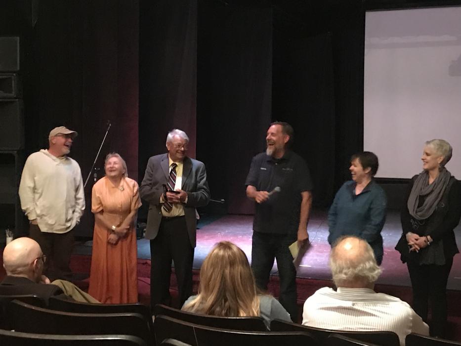 Emcee Mikey Wiencek (with microphone) and film maker Natalia Wilson (second from right) discuss 'Bed and Breakfast' with cast