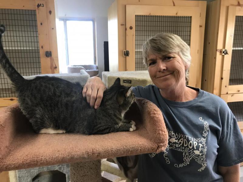Owner Linda Buchanan and Mumsy, who is looking for a forever home