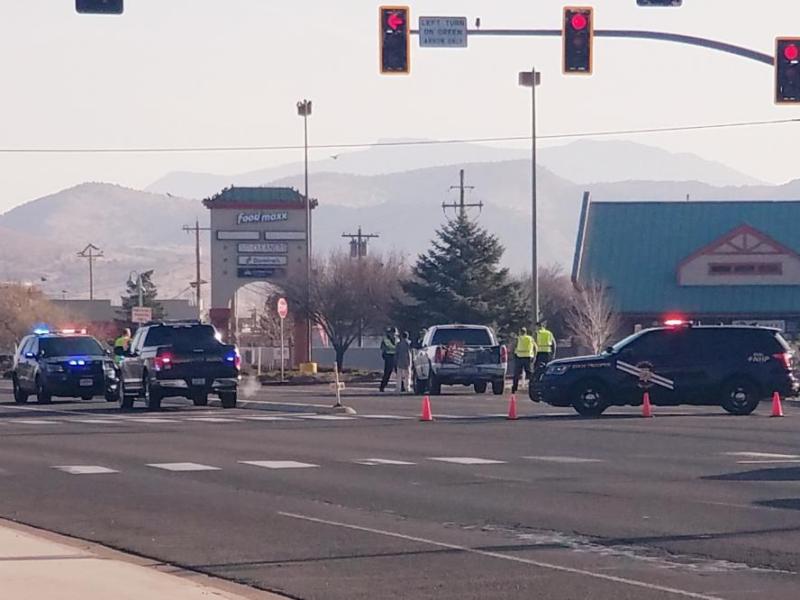 Nevada Highway Patrol providing traffic control at Airport Road and U.S. Highway 50 East.