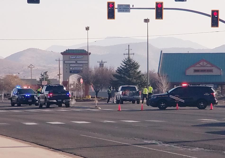 Nevada Highway Patrol providing traffic control at Airport Road and U.S. Highway 50 East.