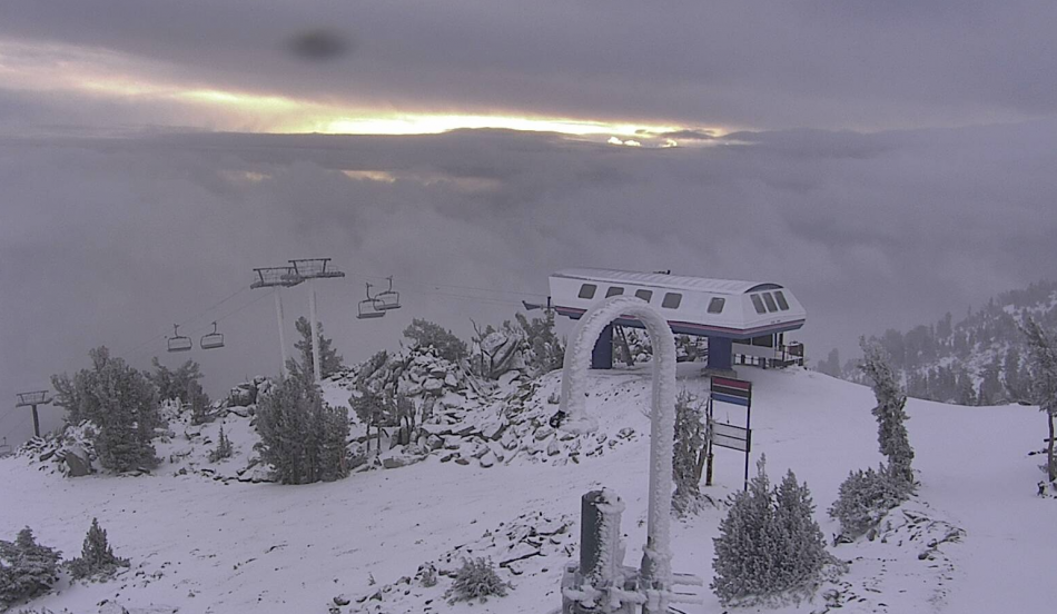 Snow this morning atop Slide Mountain. Photo: TahoeAlert Cam