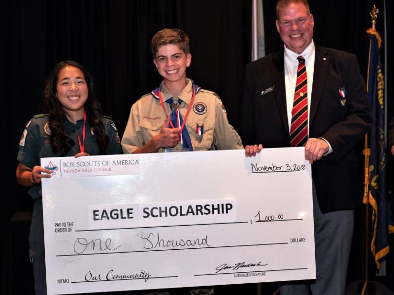 Left to right: Sophie Schler, Eagle Scout Scholarship Winner, Jacob Steimle, Paul Penttila, CEO Nevada Area Council.